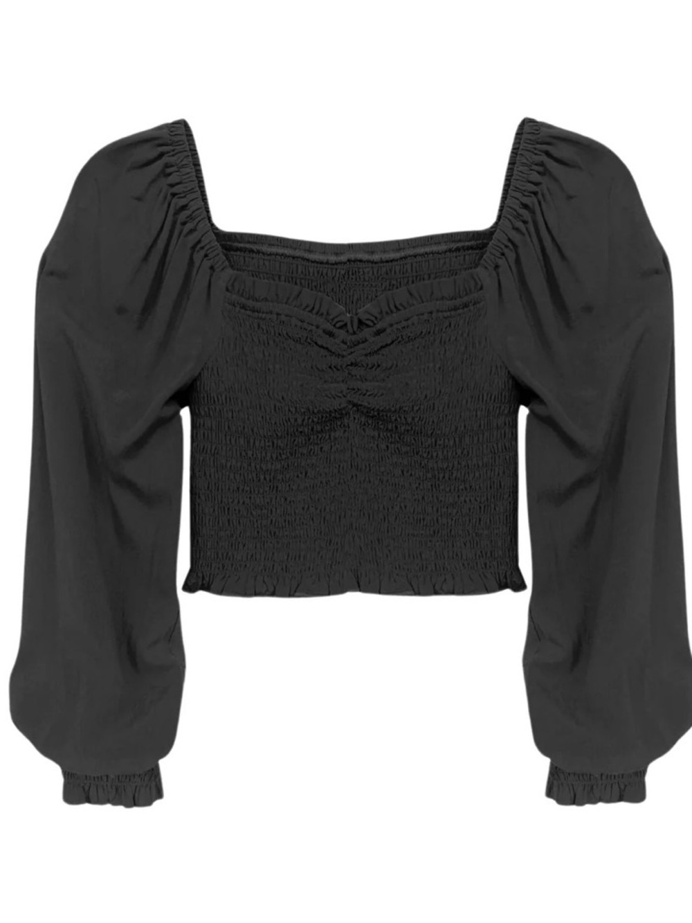 Katie J NYC Chloe Black Smocked Square-Neck Puff Sleeve Crop Top